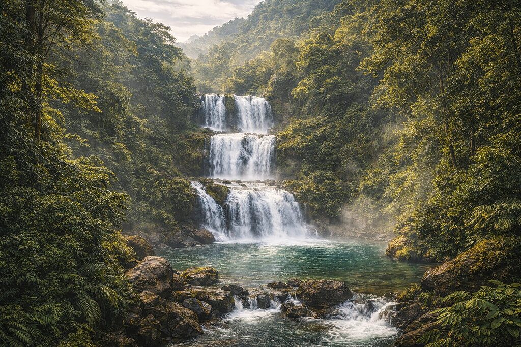 Thác Bản Ba Tuyên Quang với ba tầng thác giữa thung lũng rừng nguyên sinh xanh mướt