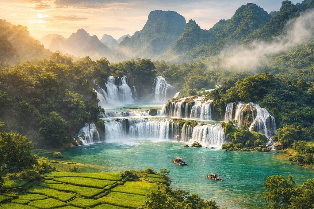 Thác Bản Giốc hùng vĩ ở Cao Bằng với nhiều tầng nước đổ giữa núi đá vôi và sông xanh ngọc