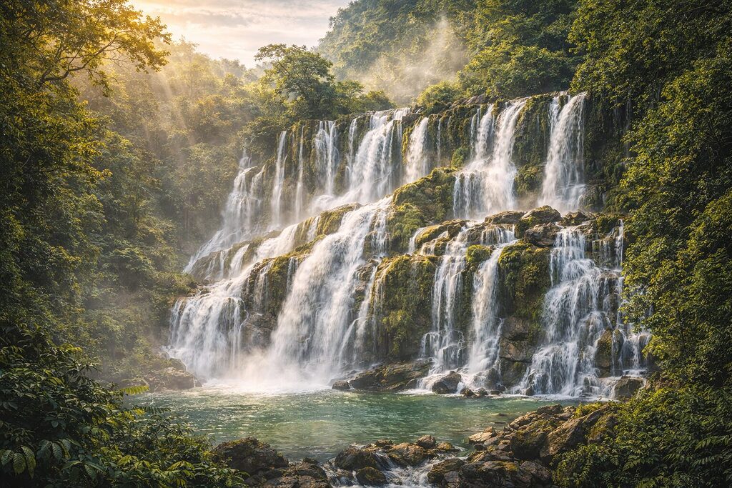 Thác Dải Yếm Mộc Châu với nhiều dòng nước nhỏ chảy qua đá phủ rêu trong rừng xanh