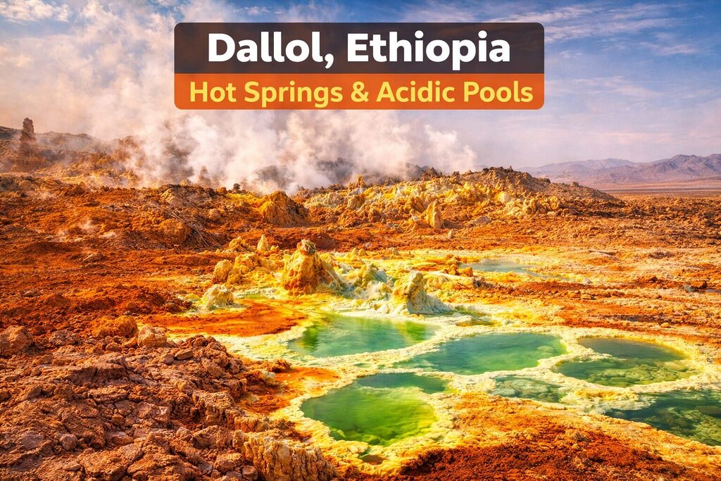 Hồ khoáng chất màu vàng và xanh neon tại Dallol trong vùng trũng Danakil, Ethiopia – khu vực nóng quanh năm với suối axit và hoạt động địa nhiệt mạnh.