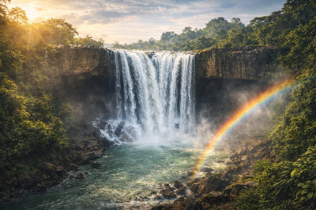 Thác Dray Nur Đắk Lắk rộng lớn trên sông Sêrêpốk với cầu vồng trong làn sương nước