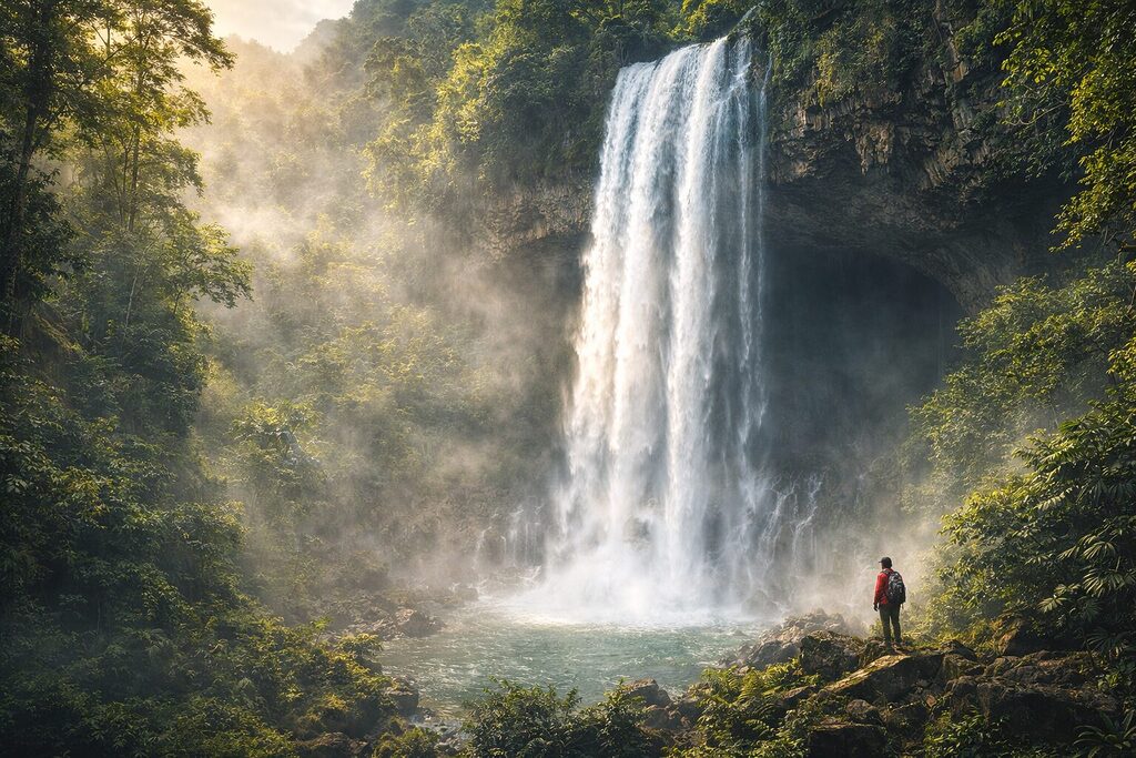 Thác K50 Gia Lai cao giữa rừng nguyên sinh với hang đá phía sau màn nước đổ