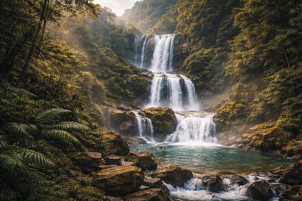 Thác Khe Vằn Bình Liêu ba tầng đổ xuống hồ nước trong giữa rừng núi Đông Bắc