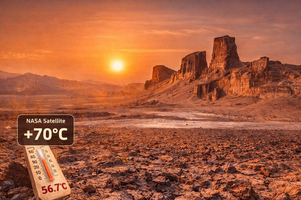 sa mạc Lut ở Iran, nơi có nhiệt độ bề mặt đất từng được vệ tinh NASA đo tới khoảng 70°C.