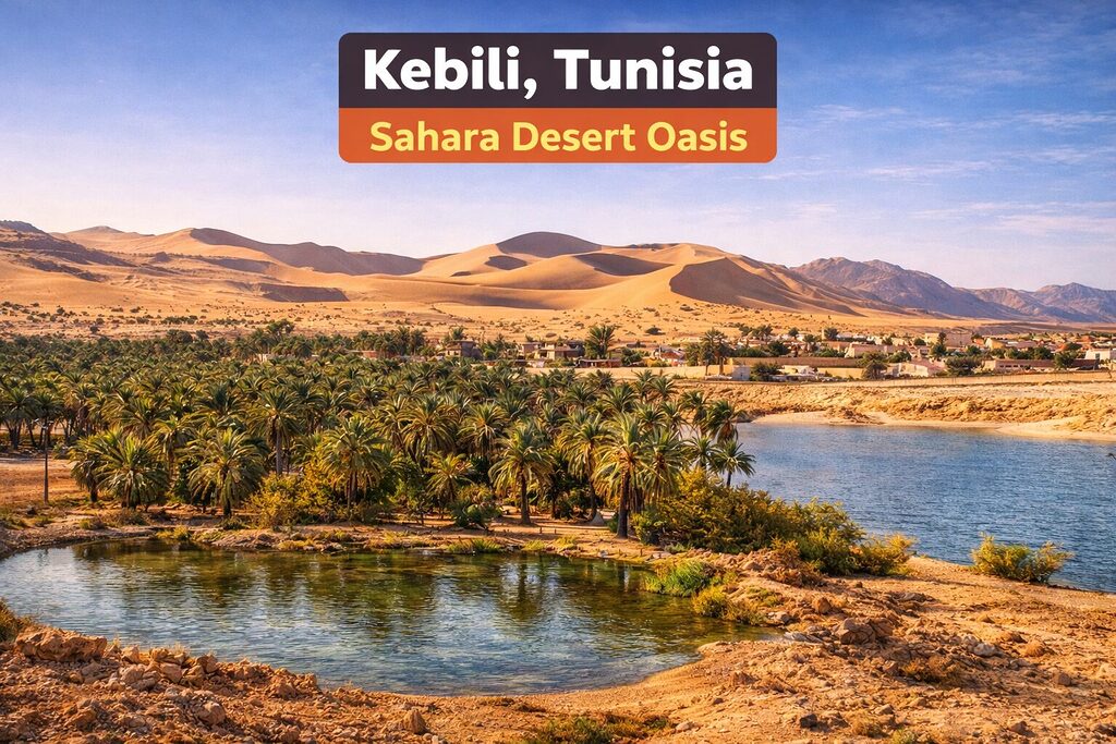 Ốc đảo với hàng cọ xanh và hồ nước giữa sa mạc Sahara gần thị trấn Kebili, Tunisia – một trong những khu vực nóng nhất châu Phi.