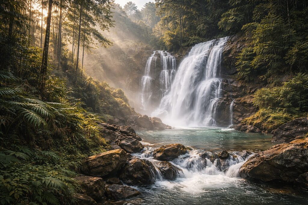 Thác Pa Sỹ Măng Đen giữa rừng thông và rừng nguyên sinh với làn sương mát lạnh