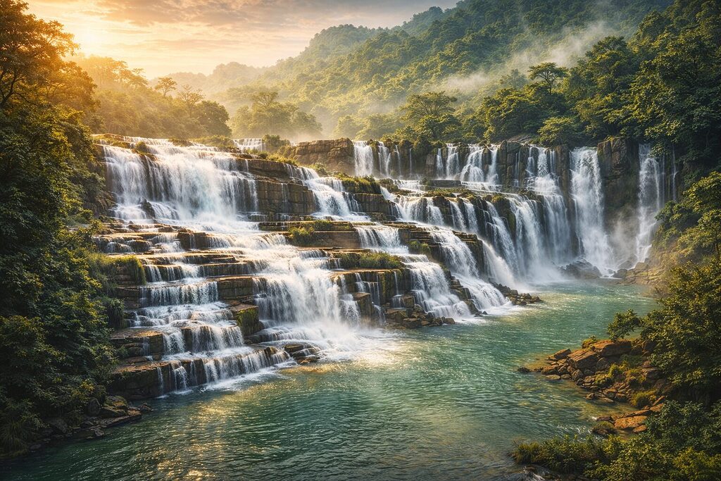 Thác Pongour Đà Lạt với các bậc đá bazan rộng lớn và dòng nước trắng chảy qua nhiều tầng