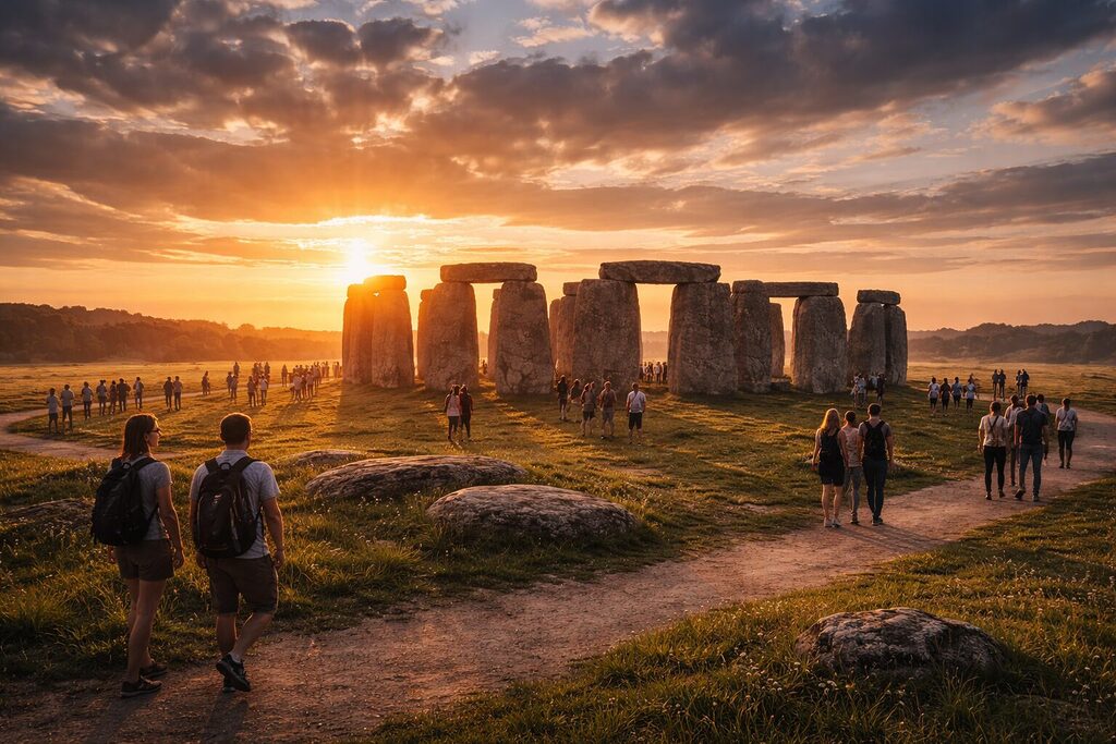 Du khách tham quan Stonehenge vào buổi chiều trên đồng bằng Salisbury