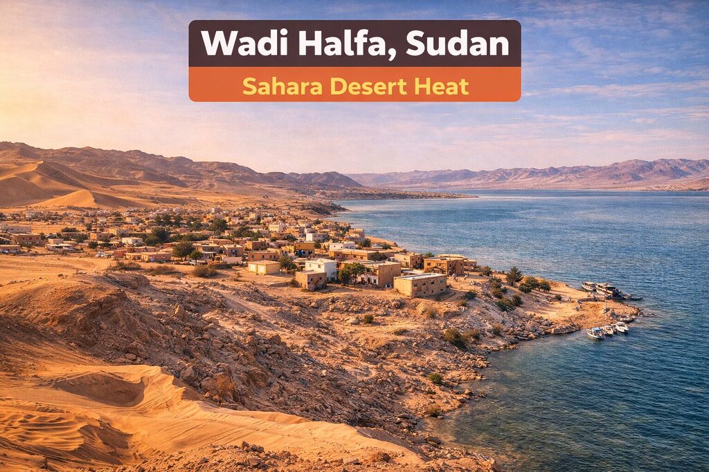 Thị trấn Wadi Halfa ở miền bắc Sudan bên rìa sa mạc Sahara, khu vực nổi tiếng với nhiệt độ mùa hè thường vượt 45–50°C