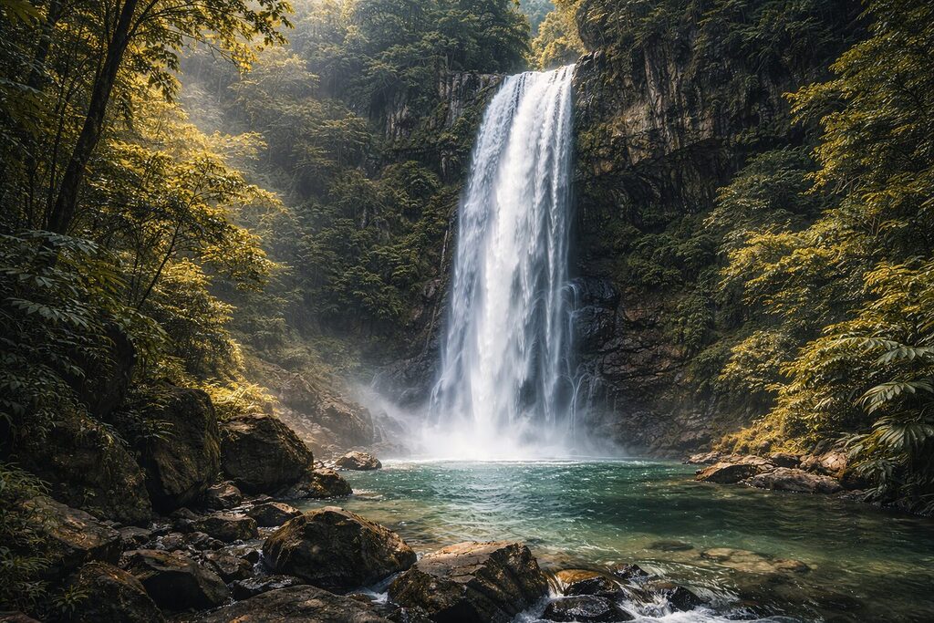 Thác Tà Gụ Khánh Hòa đổ từ vách đá cao xuống hồ nước giữa rừng nhiệt đới