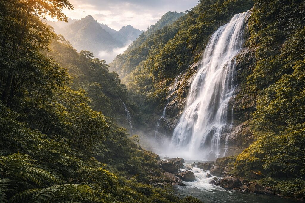 Thác Bạc Sa Pa đổ xuống từ sườn núi Hoàng Liên Sơn giữa rừng xanh và sương mù